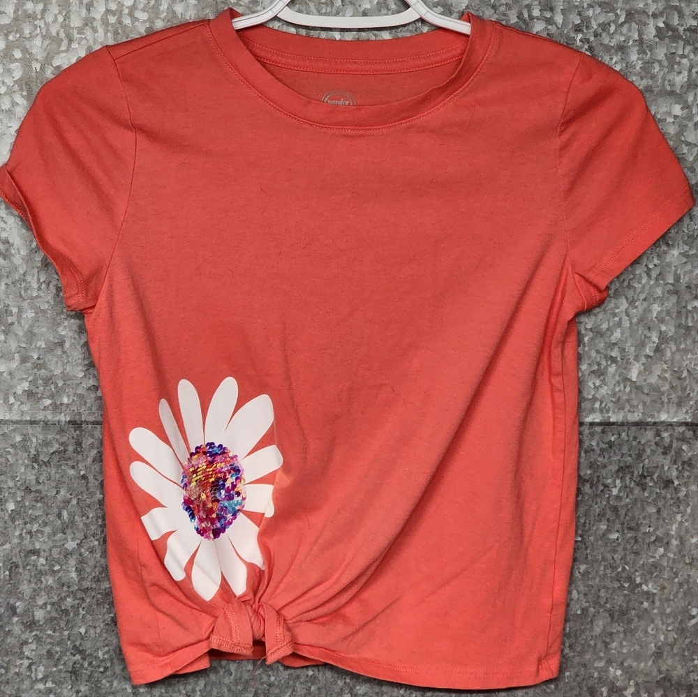 Wonder Nation Summer Orange Sequin Flower Knot Top Girls 7